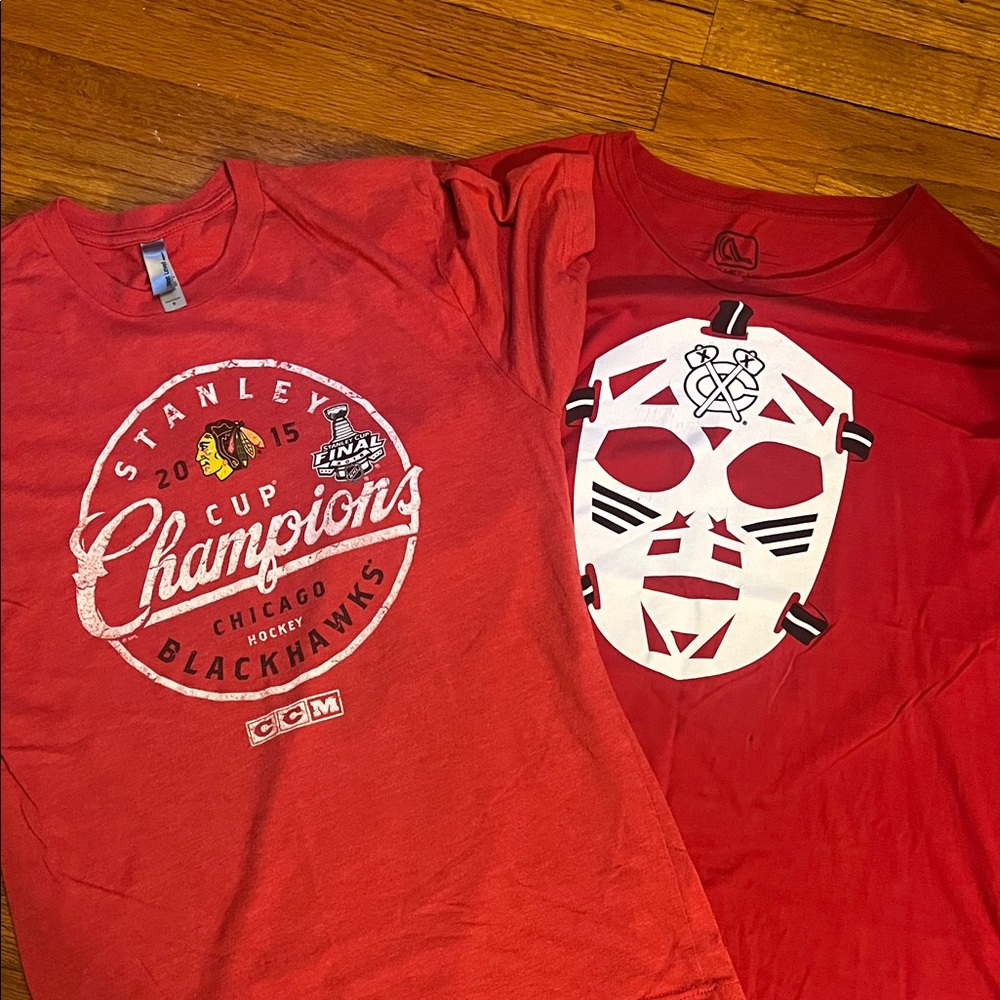 Red Chicago Blackhawks T-Shirts/Project Shirts, with holes.